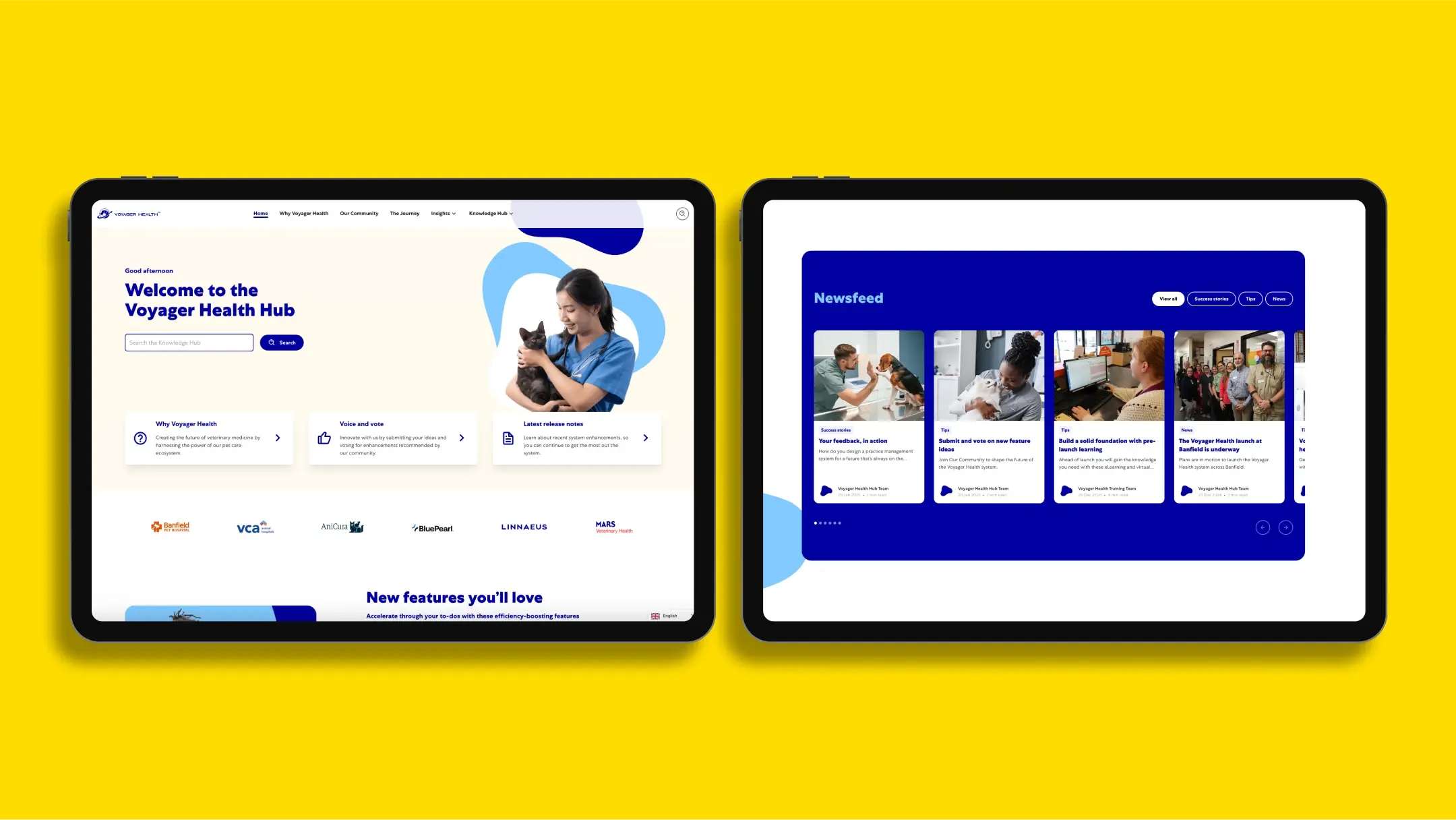 Voyager Health digital hub shown on tablets, brand system applied end-to-end across the internal platform.