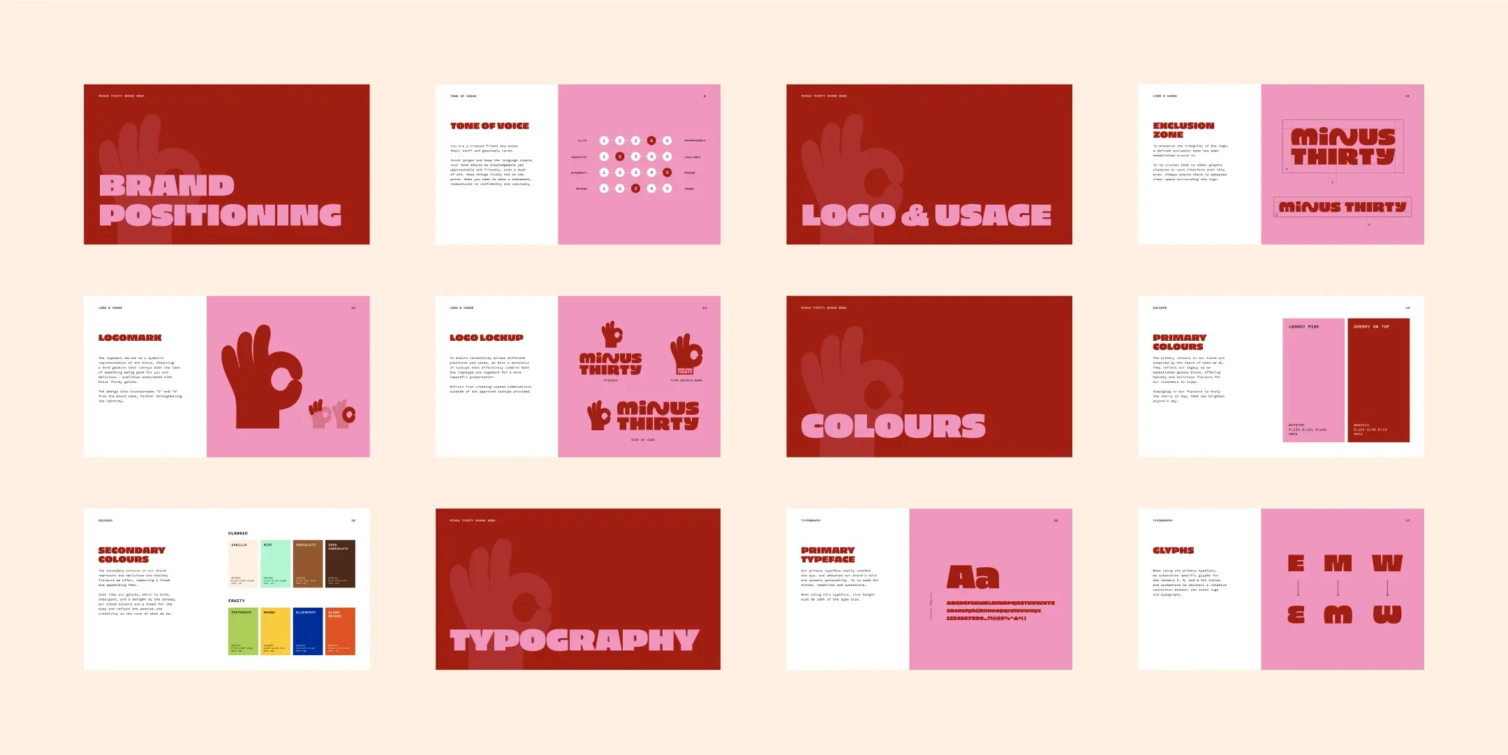 Minus Thirty brand guidelines spread across twelve pages covering positioning, logo usage, colour, typography and glyphs.