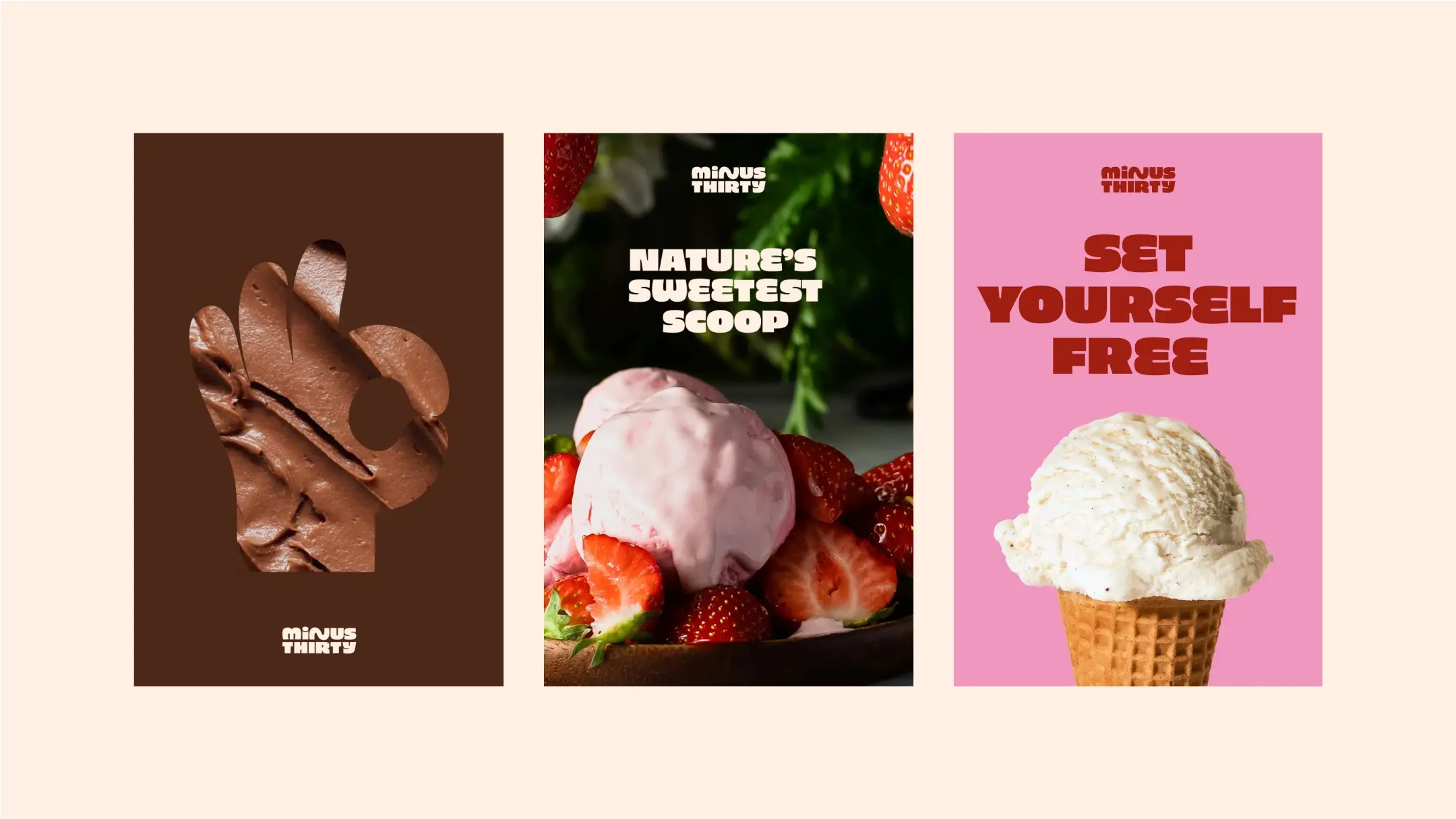 Three Minus Thirty posters shown together, with colour, glyphs and typography working across the range.